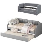 Lit banquette 90x200 cm canap� - lit rembourr� en tissu gris avec lit gigogne 90x190 cm sur roulettes ...