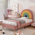 Lit simple capitonn� 90x200cm avec t�te de lit arc - en - ciel r�glable pour enfant en velours rose sommier ...