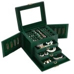 Bo�te � bijoux 4 niveaux coffre de rangement avec poign�es 3 tiroirs miroir serrure vert r�tro