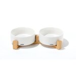 Bols cramique avec support en bambou 2x350 ml - mpets - opera - blanc