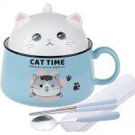 Bol  ramen chat kawaii - bleu - 1020 ml - avec un set de couverts