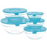 Bol en verre - provence outillage - 10pcs - 5 bols ronds - couvercles bleus - empilables