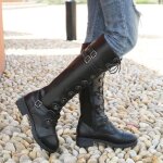 Bottes de chevalier en cuir pour femmes à lacets talon bas et fermeture éclair - noir Bottes de chevalier en cuir pour femmes à lacets talon bas et fermeture éclair - noir