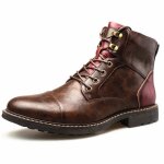 Bottes dhiver en cuir pour hommes - funmoon - rouge - vintage - talon moyen - fermeture  zip