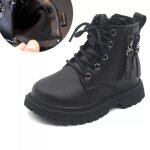 Bottes dhiver pour enfants en cuir pu et polaire - ecelen - style britannique - noir Bottes dhiver pour enfants en cuir pu et polaire - ecelen - style britannique - noir
