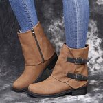 Bottines courtes en cuir pour femmes - marron - talon carr - bout rond