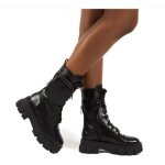 Bottines femme  lacets avec poche - noir - semelle paisse - plate - forme - boucle sangle