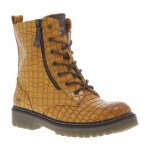 Bottines fourres en simili cuir de croco jaune  semelle plate  talon dcroch bas et  lacets et zip ...