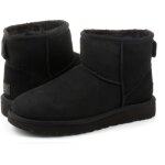 Bottines ugg classic mini ii - noir - femme - cuir - hauteur de la tige moyenne - talon plat