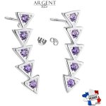 Boucles doreilles - femme - puces - contour lobe - triangle - cristal - violet - argent 925 / 1000 - ...