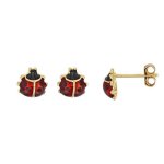 Boucles doreilles - enfant - puces - coccinelle - �mail - rouge - plaqu� or jaune 750 / 1000 - 3 microns ...