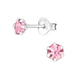 Boucles doreilles - femme - puces - solitaire - cristal - rose - argent 925 / 1000 - massif - 4 mm