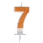 Bougie - chiffre 7av. paillet et fixation orange 10cm 1 set Bougie - chiffre 7av. paillet et fixation orange 10cm 1 set