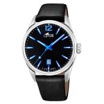 Montre - lotus - homme - bracelet cuir et tissu - fond noir - index blancs et bleus Montre - lotus - homme - bracelet cuir et tissu - fond noir - index blancs et bleus
