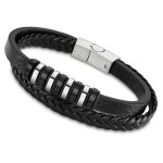 Bracelet - lotus - gourmette jonc - acier inoxydable - cuir noir - longueur 23cm