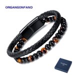 Bracelet homme bijoux - tiss  la main - pierre oeil de tigre - bracelet en cuir avec boucle magntique ...