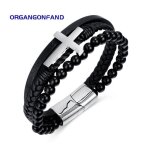 Bracelet homme - croix en acier titane - fermoir magn�tique - bracelet en cuir tiss� multicouche personnalis� ...