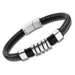 Bracelet homme - lotus - cuir noir - acier inoxydable - 23cm - adulte