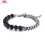 Bracelet homme - bracelet rglable en pierre de lave  chane en acier inoxydable double couche pour ...