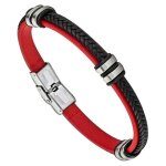 Bracelet - lotus - ls1829 - 2 - 3 - cuir rouge et noir - fermoir acier inoxydable - 21. 5 cm