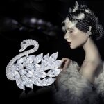 Broche bijoux femme - cygne - argent 925 plaqu avec zircone cubique aaa blanc - 40mm