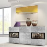 Buffet 2 portes et 3 tiroirs collection ramos. clairage led intgr. coloris gris effet bton et noir. ...