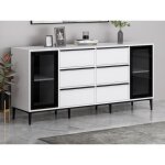 Buffet avec 2 portes en verre tremp et 6 tiroirs - blanc et noir - molinia