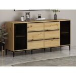 Buffet avec 2 portes en verre tremp� et 6 tiroirs - naturel et noir - molinia