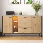 Buffet � 3 tiroirs avec 2 portes4 compartiments de rangement commode de maison - led naturel + blanc