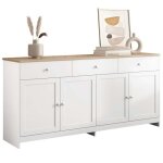 Buffet avec 4 portes et 3 tiroirs pour salon et salle  manger 160 x 37 x 75 cm naturel + blanc