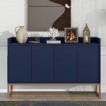 Buffet 4 portes sans poignée - pour salle à manger salon cuisine - contemporain - bois + métal - bleu ... Buffet 4 portes sans poignée - pour salle à manger salon cuisine - contemporain - bois + métal - bleu ...