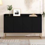 Buffet 4 portes sans poignée - pour salle à manger salon cuisine - contemporain - bois + métal - noir ... Buffet 4 portes sans poignée - pour salle à manger salon cuisine - contemporain - bois + métal - noir ...