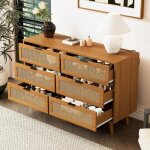 Buffet commode 6 tiroirs - design en rotin - poign�es en m�tal - 120x76. 5x40cm