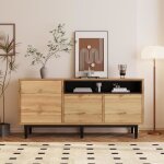 Buffet bahut 160x35x76cm - armoire de salon - armoire moderne - 3 portes 1 tagre ouverte - 6 pieds ...