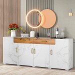Buffet de salon bas 4 portes et 2 tiroirs meuble de rangement - meuble tv fa�on blanc marbre panneau ...