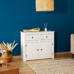 Buffet salle � manger paulo l 93 cm en bois massif blanc avec 2 tiroirs et 2 portes meuble de rangement ...