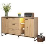 Buffet bas meuble de rangement avec led - 2 portes 3 tiroirs 3 tagres de rangement ouvert en verre ...