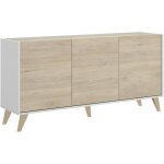 Buffet bas ness - mlamine dcor bois clair et blanc - 3 portes - l 155 x p 43 x h 75 cm