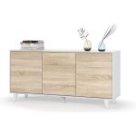 Buffet bas - pegane - blanc brillant et chne - 3 portes - 6 espaces de rangement
