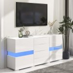 Buffet brillant avec led - modernluxe - 2 portes 4 tiroirs - l 140 x p 35 x h 72 cm - blanc