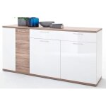 Buffet coloris blanc brillant mat et chne massif - longueur 180 x hauteur 86 x profondeur 43 cm