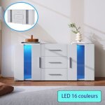 Buffet haut tv 140x35x70 cm - 2 compartiments - 16 couleurs led - verre acrylique
