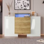 Buffet commode moderne 140cm avec lumineux led multicolores blanc brillant et bois
