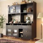 Buffet de cuisine 145x39x171cm - noir - redom - avec casier  verres  vin portes vitres et espace de ...