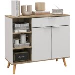 Buffet design scandinave - 2 portes �tag�re tiroir 3 niches - pi�tement bois pin panneaux blanc aspect ...