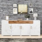 Buffet haut blanc modernluxe - 4 portes 2 tiroirs aspect marbre Buffet haut blanc modernluxe - 4 portes 2 tiroirs aspect marbre