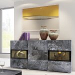 Buffet 130 cm ramos ? gris effet ardoise et noir ? 2 portes vitres + 3 tiroirs ? sans led
