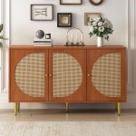 Buffet en rotin avec poignées en métal - 1298 x 40 x 76 cm - 3 portes décorées - couleur noyer Buffet en rotin avec poignées en métal - 1298 x 40 x 76 cm - 3 portes décorées - couleur noyer