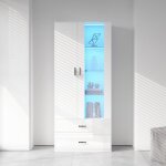 Buffet - vitrine avec clairage led 16 couleurs - armoire de salon blanche - buffet haut - armoire haute ...