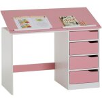 Bureau enfant �colier junior emma pupitre inclinable avec 4 tiroirs en pin massif lasur� blanc et rose ...